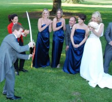 Delighted bride and onlookers as Groom performs a perfect sabrage